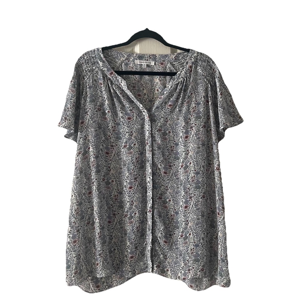 Rose & Olive Top Womens Plus 2X Blue Floral Short Sleeve Bohemian V neck Blouse